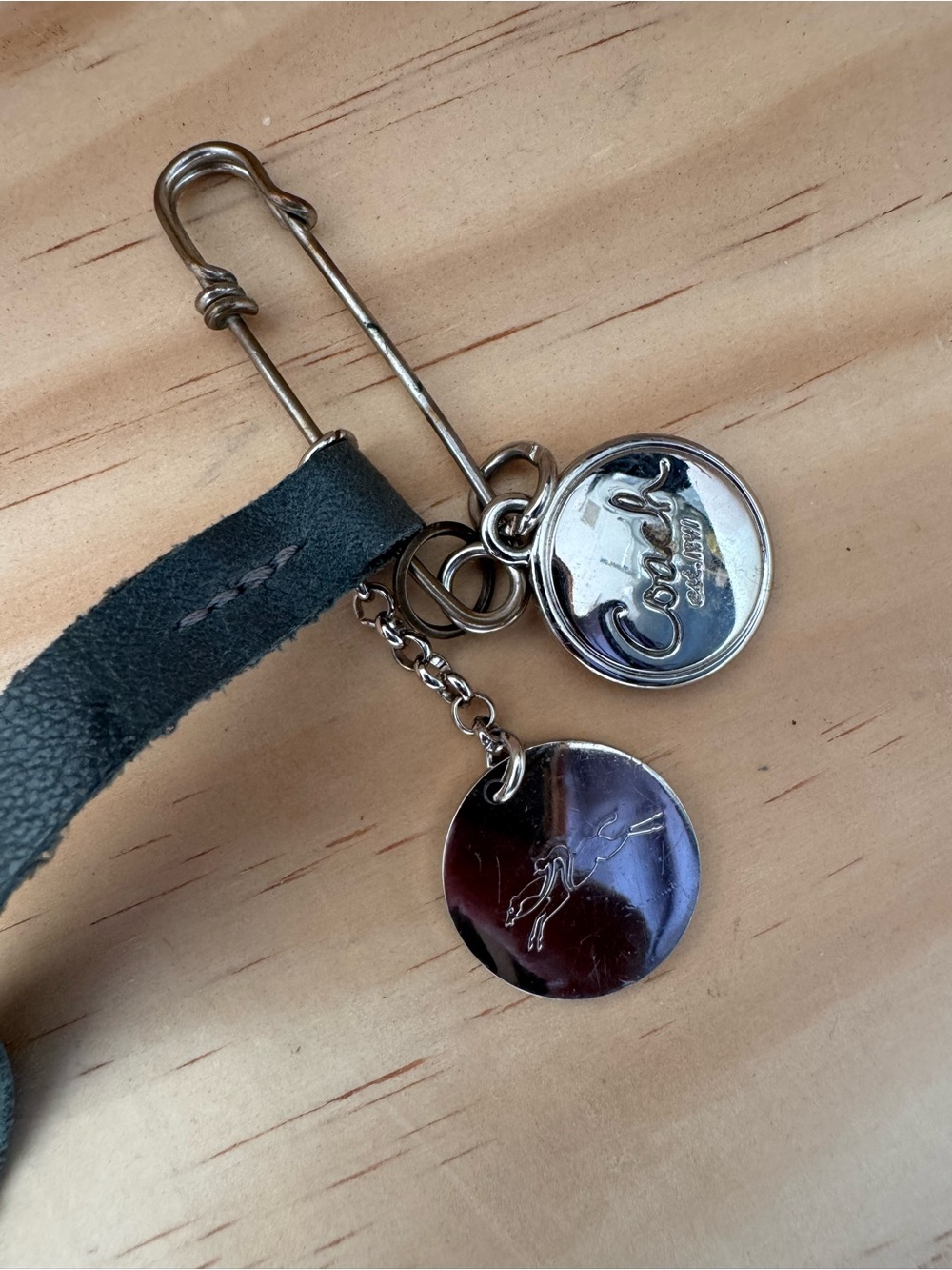 Coach Pen Silver-Tone Logo Charm Key Fob with Dark Green Leather Strap